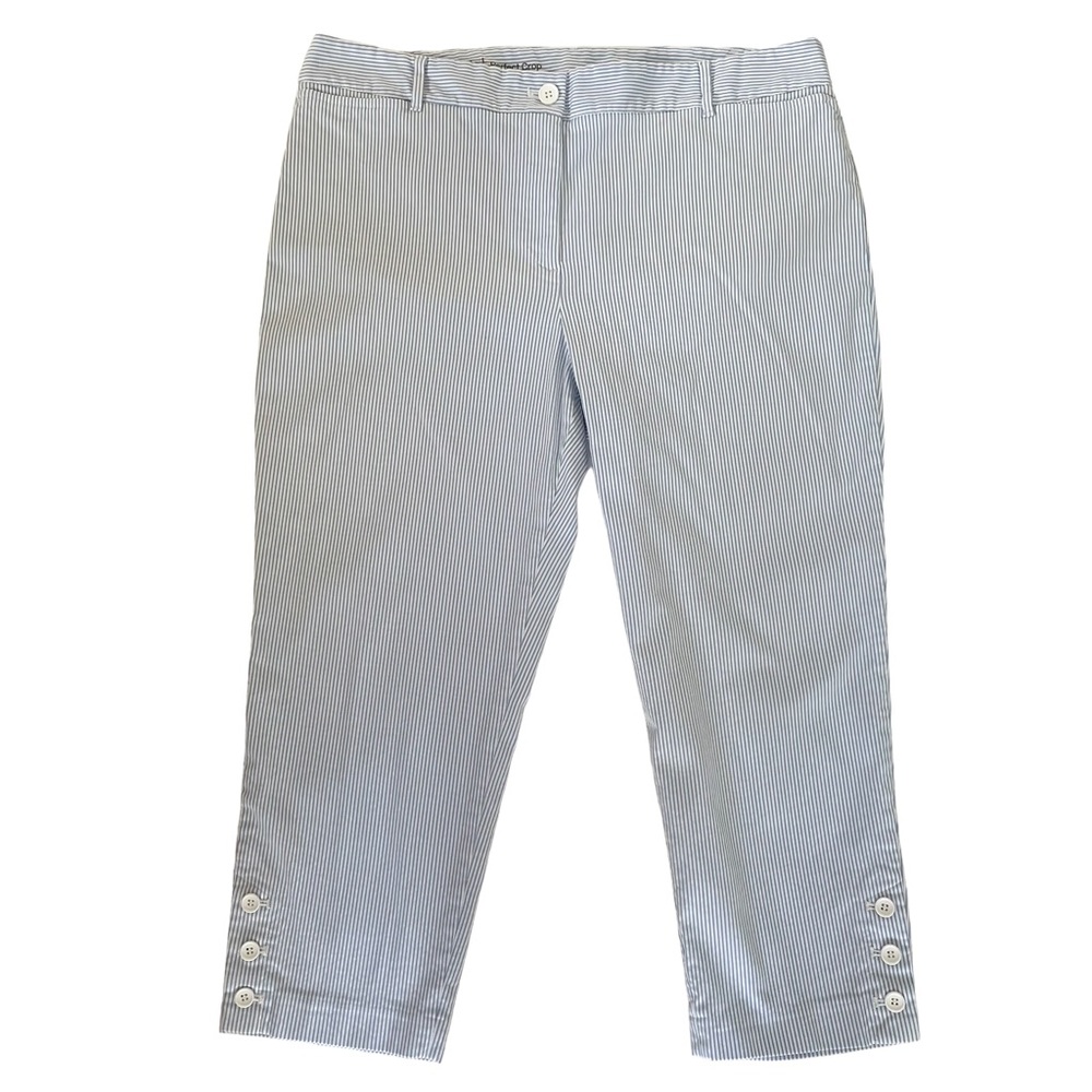 Talbots Perfect Crop Pants Petite Seersucker Cotton Stretch Blue White